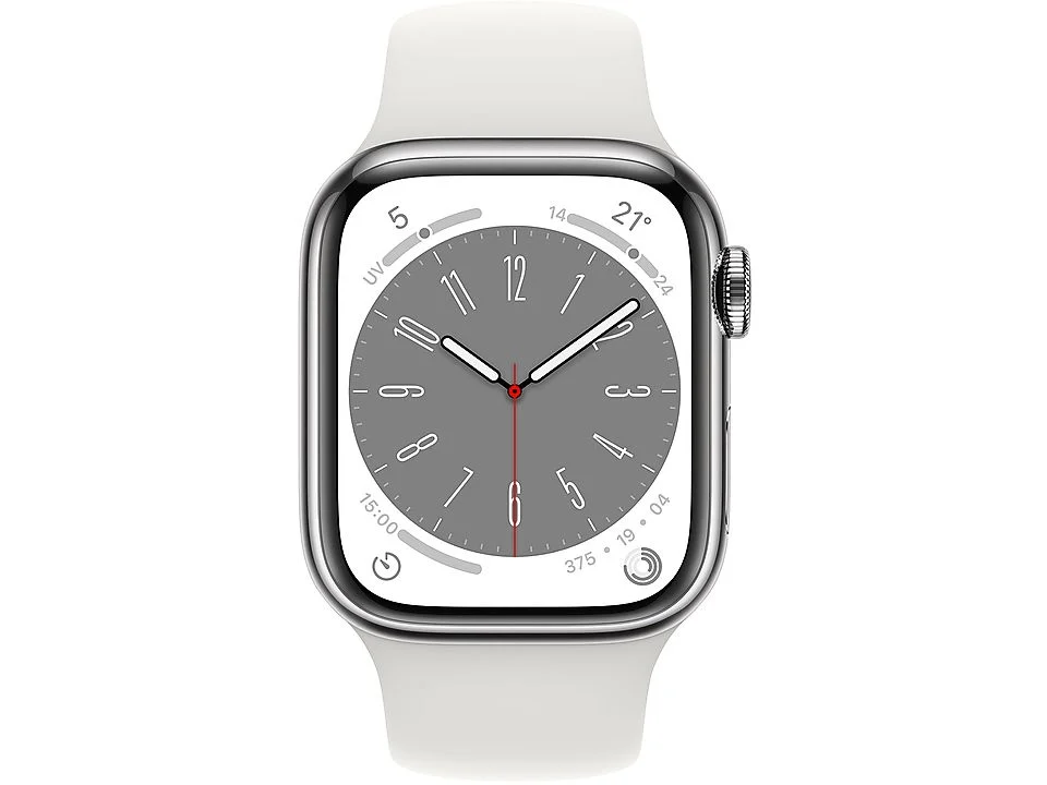 Apple Watch Series 8 GPS + Cellular - Cassa in Acciaio Argento con Cinturino Sport Bianco - 45m Italia